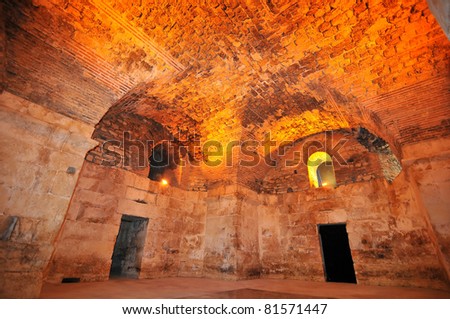 The lower floor of the great roman emperor Diocletian\'s Palace in Split, Croatia, listed by UNESCO, showing the massive vaulted ceiling holding up the old town of split.