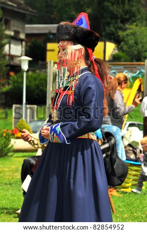 EVOLENE, SWITZERLAND - AUGUST 15: Buryat singer at the International Festival of Folklore and Dance from the mountains (CIME) : August 15, 2011 in Evolene Switzerland