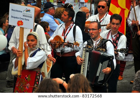 EVOLENE, SWITZERLAND - AUGUST 15: Macedonian dance group at the International Festival of Folklore and Dance from the mountains (CIME) : August 15, 2011 in Evolene Switzerland