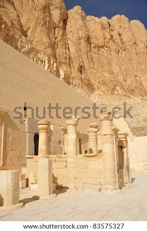 Papyrus columns around the entrance to the inner sanctuary of the  early new kingdom mortuary temple of Queen Hatshepsut at Thebes in Egypt