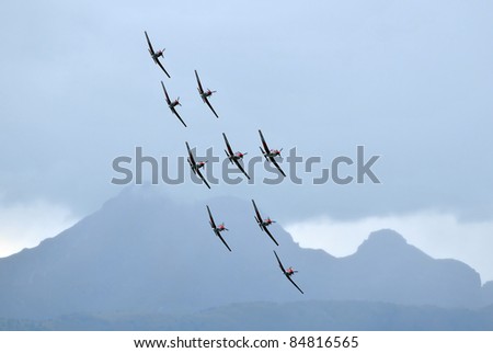 SION, SWITZERLAND - SEPTEMBER 17: Swiss air force PC-7 team in formation at the Breitling Air show.  September 17, 2011 in Sion, Switzerland