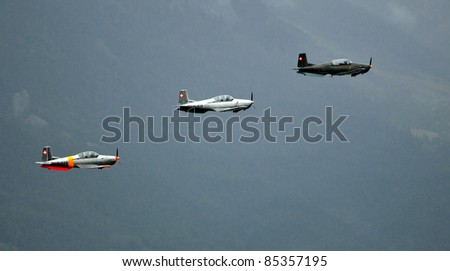 SION, SWITZERLAND - SEPTEMBER 17: Swiss air force P3 flyers team at the Breitling Air show.  September 17, 2011 in Sion, Switzerland