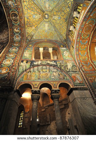 Stunning byzantine mosaics over the transept of the UNESCO listed basilica of Saint Vitalis in Ravenna, Italy