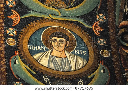 Magnificent mosaic portrait of the Apostle John from the UNESCO listed basilica of Saint Vitalis, Ravenna, Italy