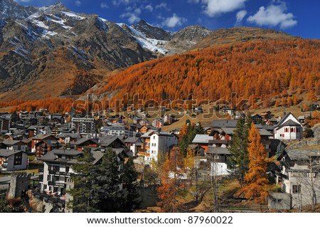 The charming swiss resort of Saas Fee in the Swiss Alps, famous for its all year skiing, its 13 4000m summits and its sunny climate