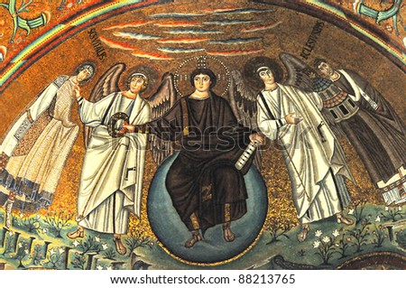 Mosaic Masterpiece on the apse of the UNESCO listed basilica of Sta vitalis, Ravenna, Italy. Showing Christ on the earth holding out the martyr's crown. flanked by angels and St Vitalis, and Eclesius