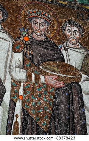 ancient byzantine mosaic masterpiece of the powerful emperor Justinian. From the UNESCO listed basilica of St Vitalis, Ravenna, Italy