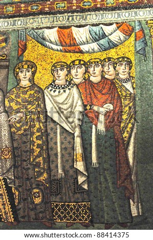 retinue of ladies in waiting from the byzantine imperial court showing elegant robes and head dresses. from the UNESCO listed byzantine mosaics of St Vitalis basilica, Ravenna, Italy
