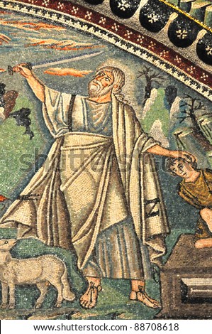 Ancient Byzantine mosaic depicting Abraham about to sacrifice Isaac. From the Unesco listed basilica of Saint Vitalis, in Ravenna, Italy