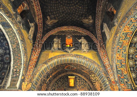 The best and most ancient mosaic building in the world. The UNESCO listed roman empress Galla Placida\'s mausoleum in Ravenna, Italy. Showing the main dome and side vaults