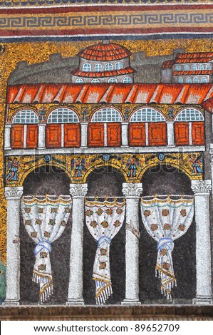 UNESCO listed mosaics of the palace of Theodoric in the fourth century basilica of Saint Apollinaris in Ravenna, Italy. Including strange hands on the pillars
