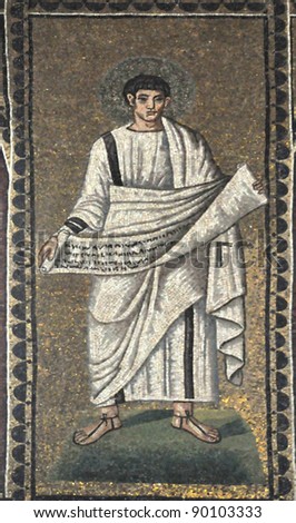 ancient UNESCO listed byzantine mosaic, with one of the evangelists unfolding a papyrus scroll with a gospel written on it.
