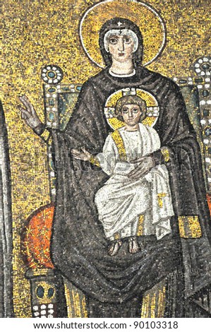 the Virgin Mary enthroned with the infant Jesus on her knee. Ancient byzantine UNESCO listed mosaic from the basilica of Saint Apollinaris in Ravenna, Italy