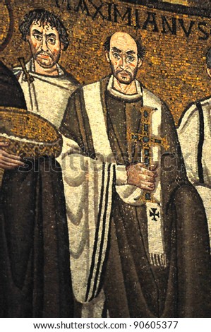 Ancient byzantine mosaic portrait of the emperor Maximian from the UNESCO listed basilica of St Vitalis, Ravenna, Italy