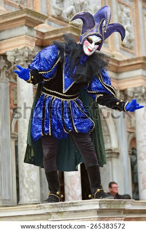 VENICE, ITALY - FEBRUARY 12: Joker in black and blue at the 2015 Venice Carnival:  February  12, 2015 in Venice, Italy