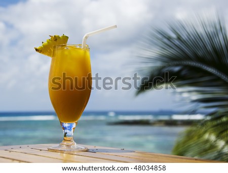 Fresh fruit juice cocktail with tropical sea in the background