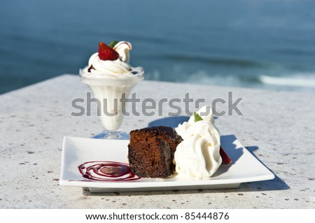 Chocolate pudding and ice cream at the sea