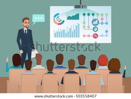 Business professional work team meeting. Man speaks, presentation project. People at the conference hall. Teamwork workplace. Vector creative illustrations flat design. Worker people Man and Women.
