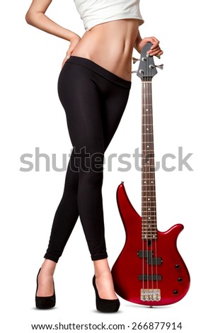 Beautiful girl and bass guitar. Isolated on white background