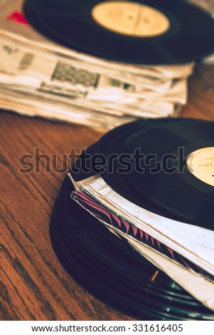 A collection of vinyl records. vintage toning