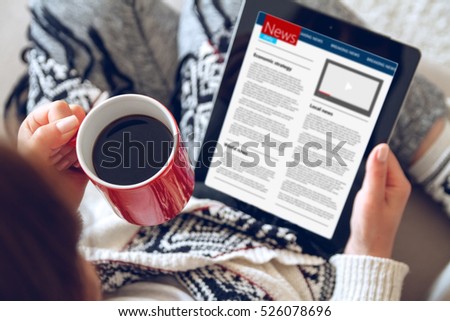 Woman reading news on tablet with cup of coffee. Online education concept. e-learning. top view