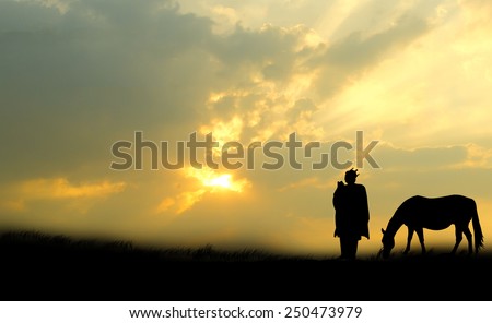 Silhouette king standing horse couple to beautiful sunset nature background.