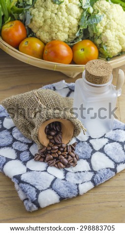 Sack bag and coffee beans with a description of fruits and vegetables skin