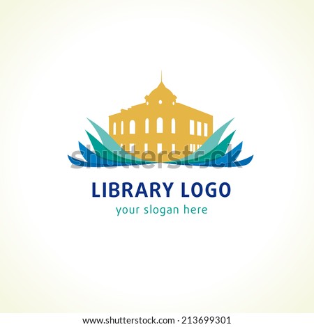 Logo for the library with an open book and the building. Logo library.