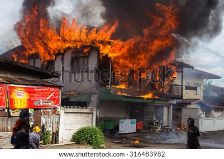 Sakon Nakhon, Thailand on September 13, 2015 at 15:00 o\'clock. conflagration damaged nearly the entire house. Fire officials estimated the cause of the short circuit.