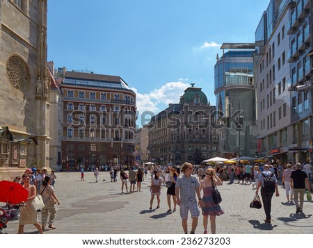 VIENNA - JULY 16: Crowded Stephansplatz is the main city square in Vienna, Austria. Several very popular pedestrian routes begin here and a lot of tourists visit this place.