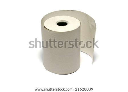 Unused roll of paper for cash register or other financial machine isolated on white background.