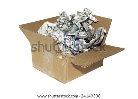 Cheap variation of package for fragile item. Cardboard box with newspapers isolated on white background.