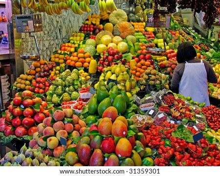 La Boqueria, fruits. World famous Barcelona market, Spain. Selective focus.
