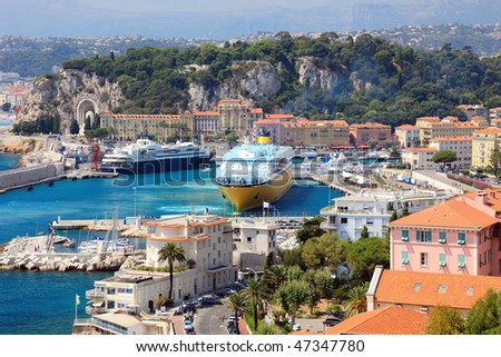 Beautiful harbor od Nice with big cruise ships, France, Europe. Cote D\'Azur.