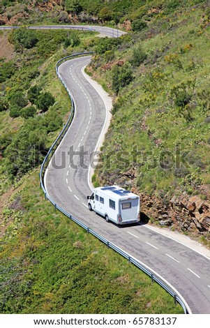 Camper on the road near border between Spain and France.