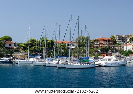 NEOS MARMARAS, GREECE - AUGUST 16: Yacht at berth in August 16 in Neos Marmaras, Sithonia, Greece