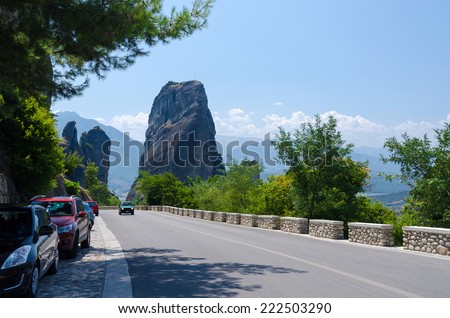 METEORS, GREECE - AUGUST 11, 2014: Road to Meteors, a view of the majestic cliffs, Thessaly valley, Greece