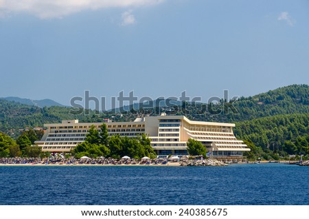 SITHONIA, GREECE - AUGUST 16 2014:  View from the sea on luxurious hotel complex Porto Carras at the Sithonia Peninsula, Greece in August 16, 2014