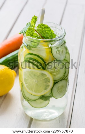 Infused water with lemon, cucumber and mint on wooden background