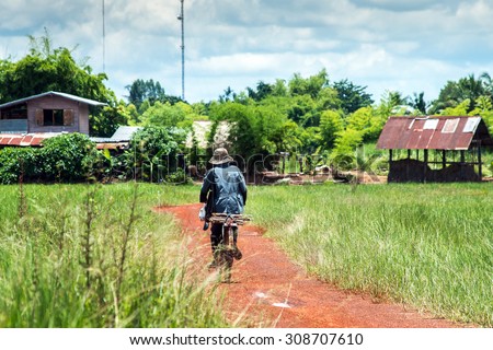 old man ride bicycle back from rice farm,thailand