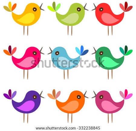 Cute colorful birds. Cartoon birds sing on white background. Vector illustration.