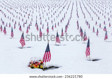 Snow-covered cemetery with American flags above