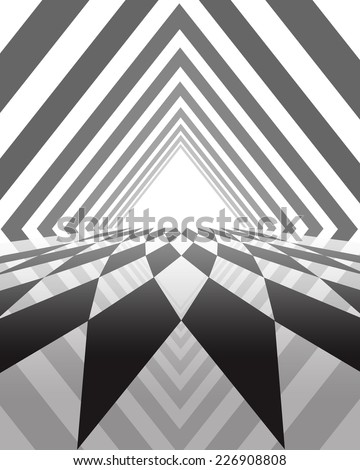 Black and white abstract illustration with geometrical figures, which form corridor with light in the end
