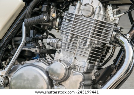 Closeup of chromed motorcycle engine, detail of a classic motorcycle engine