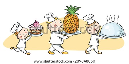 The three happy cartoon cooks are carrying the dished with different food