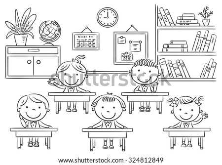 Little Cartoon Kids In A Classroom, Black And White Outline Stock