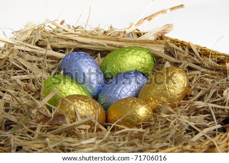 chocolate easter eggs in a basket. chocolate Easter Eggs