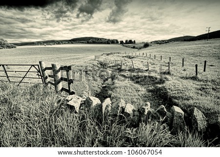 Spring rural landscape with stone wall and wooden fence,  Scotland