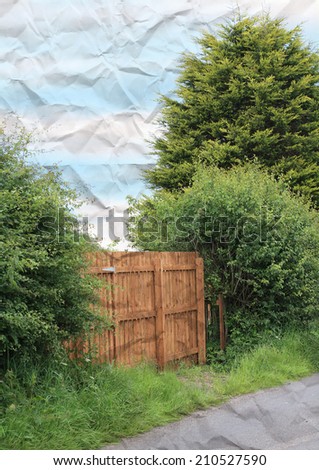 Rural wooden gate on Scottish farm with wrinkled paper texture