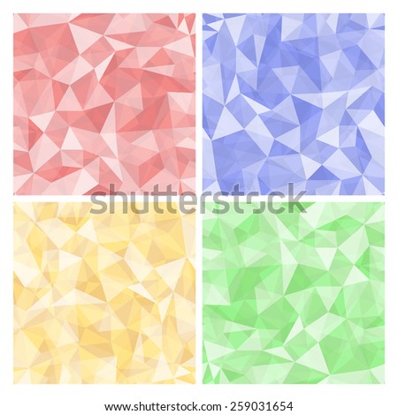 Set of four geometric seamless pattern from triangles. Red, blue, yellow, green illustration.